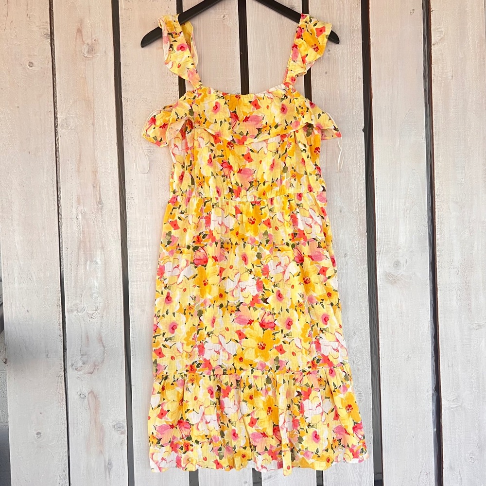 LC Lauren Conrad Floral Mini Dress Women L Yellow Good Ruffle Boho 89107